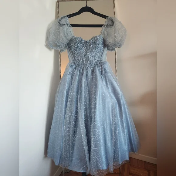 Cinderella Divine Dusty Blue Dress with Puff Sleeves - Picture 1 of 5
